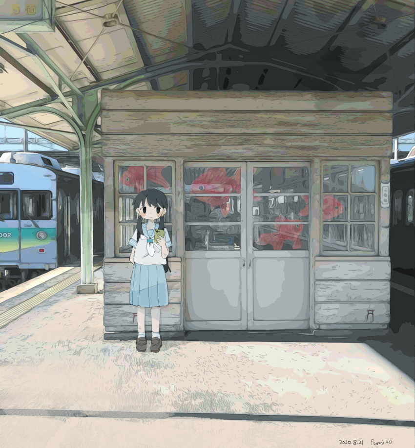 1girl, arm_behind_back, backpack, bag, black_eyes, black_hair, black_shoes, blue_sailor_collar, blue_skirt, blush, cellphone, chichibu_railway, closed_mouth, door, fish, fumiko_(rubra_plumeria), goldfish, hand_up, highres, holding, holding_phone, loafers, long_hair, looking_to_the_side, low_twintails, multiple_unit_train, neckerchief, no_sclera, original, phone, photo_background, pleated_skirt, sailor_collar, shirt, shoes, shoulder_strap, skirt, smartphone, socks, solo, standing, train, train_station, train_station_platform, twintails, white_neckerchief, white_shirt, wide_shot