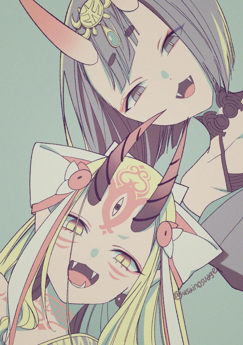 absurdres, bare_shoulders, blonde_hair, bob_cut, collarbone, commentary, dot_nose, eyeliner, facial_mark, fangs, fate/grand_order, fate_(series), forehead_mark, hair_pulled_back, headpiece, highres, horns, ibaraki_douji_(fate), japanese_clothes, jewelry, kajijii, kimono, long_hair, looking_at_viewer, makeup, multiple_girls, muted_color, oni, open_clothes, open_kimono, open_mouth, pointy_ears, purple_eyes, purple_hair, purple_kimono, short_eyebrows, short_hair, shuten_douji_(fate), skin-covered_horns, untranslatable_commentary, tattoo, twitter_username, yellow_eyes, yellow_kimono