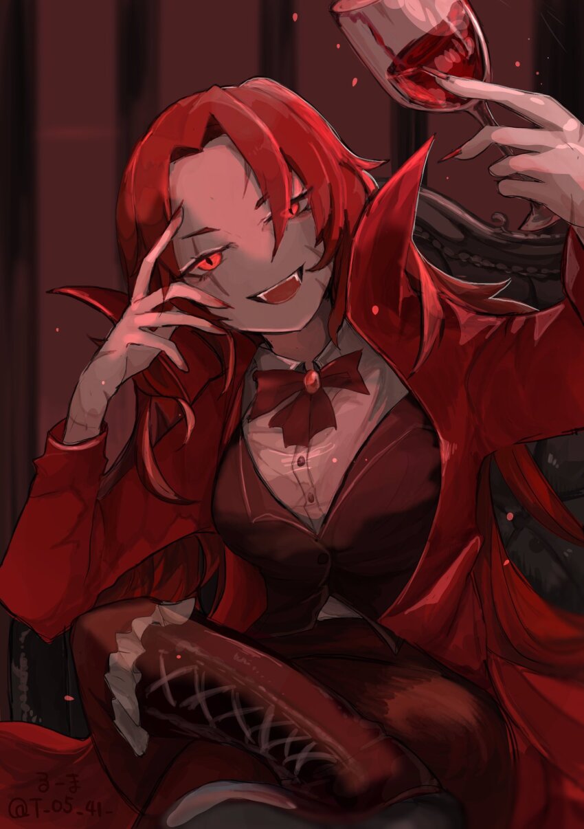 1girl, ambiguous_red_liquid, arm_up, boots, bow, bowtie, brown_boots, brown_vest