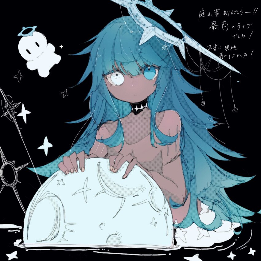 1other, black_background, blue_eyes, closed_mouth, expressionless, fingernails, halo, heterochromia, highres, k2_(mili), kokonama, looking_at_viewer, mili_(band), moon, scar, scar_on_neck, simple_background, spiked_halo, star_(symbol), topless_other, torino_(mili), white_eyes