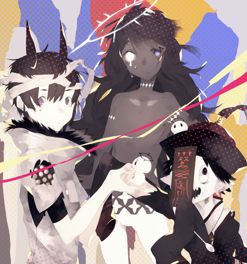 black_eyes, black_hair, black_hat, character_request, dark_skin, halo, hat, heterochromia