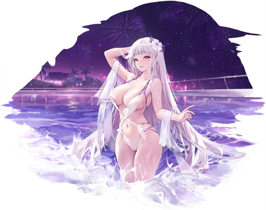 1girl, arm_up, armpits, azur_lane, breasts, charles_(106858), cleavage, fireworks, flower, grey_hair, hair_flower, hair_ornament, highres, large_breasts, long_hair, looking_at_viewer, navel, night, non-web_source, official_alternate_costume, official_art, one-piece_swimsuit, parted_lips, pool, purple_eyes, skindentation, sky, smile, solo, standing, swimsuit, very_long_hair, wading, water, wet, white_one-piece_swimsuit, yorck_(azur_lane), yorck_(late-night_companion)_(azur_lane)