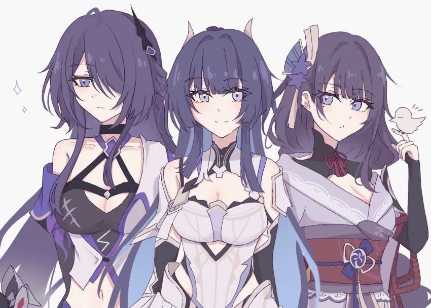 3girls, 961_kuru, acheron_(honkai:_star_rail), bird, black_bridal_gauntlets, black_choker, breasts, bridal_gauntlets