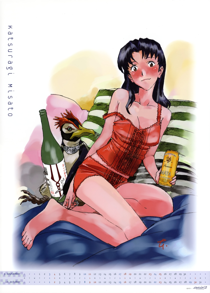 1girl, absurdres, alcohol, barefoot, bed, beer, beer_can, bird, black_hair, blush, bottle, breasts, brown_eyes, calendar, camisole, can, cleavage, drink_can, drunk, feet, highres, honda_takeshi, katsuragi_misato, lingerie, long_hair, long_legs, looking_at_viewer, medium_breasts, neon_genesis_evangelion, october, penguin, penpen, pillow, sake_bottle, scan, september, sitting, strap_slip, underwear, yokozuwari