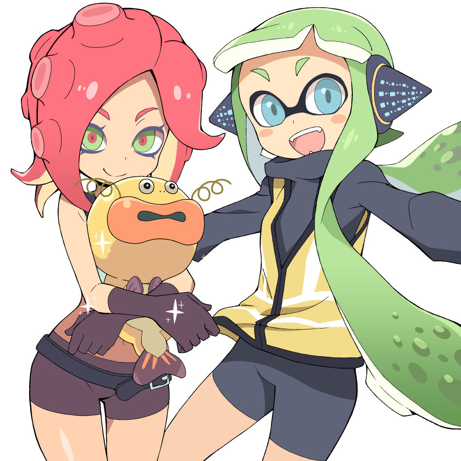 2girls, :d, agent_3_(splatoon), amatta_page, animal, belt, black_belt, black_shirt, blue_eyes, blush_stickers, brown_gloves, brown_shorts, closed_mouth, commentary_request, cowboy_shot, fangs, fish, gloves, green_eyes, green_hair, headphones, high-visibility_clothing, high-visibility_vest, holding, holding_animal, holding_fish, inkling_girl, inkling_player_character, long_hair, long_sleeves, looking_at_viewer, midriff, multiple_girls, navel, nintendo, open_mouth, outstretched_arms, red_hair, red_pupils, shirt, shorts, simple_background, smile, sparkle, splatoon_(series), suction_cups, takozonesu, tentacle_hair, thigh_gap, twintails, very_long_hair, white_background, zapfish