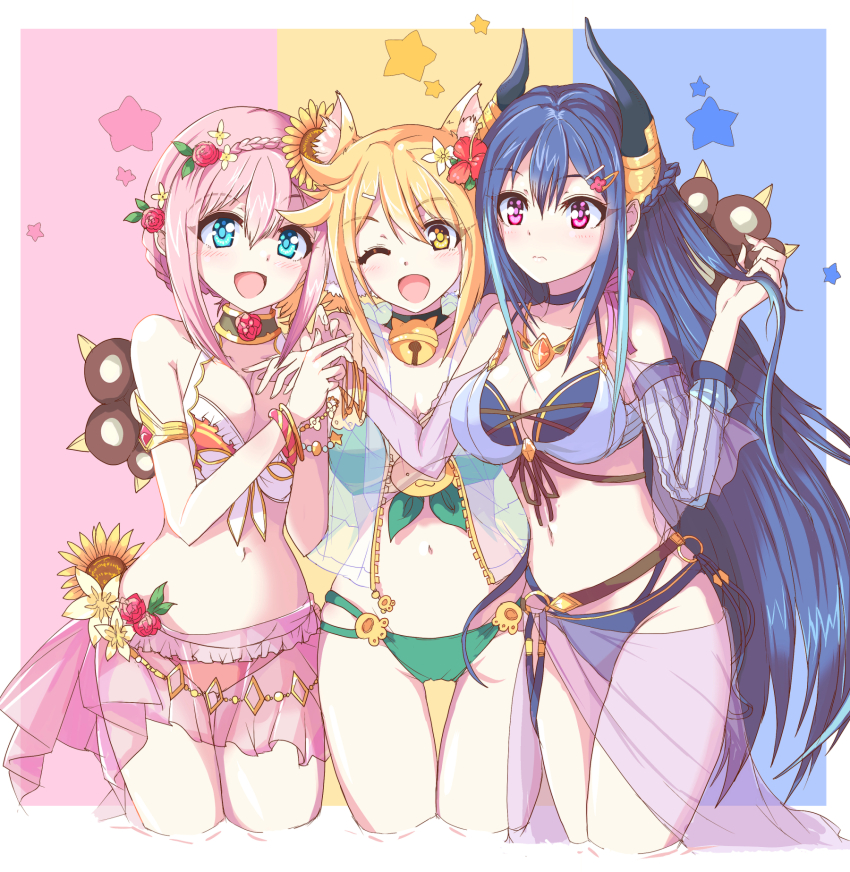 3:, 3girls, :d, ;d, alternate_breast_size, animal_ear_fluff, animal_ears, animal_hands