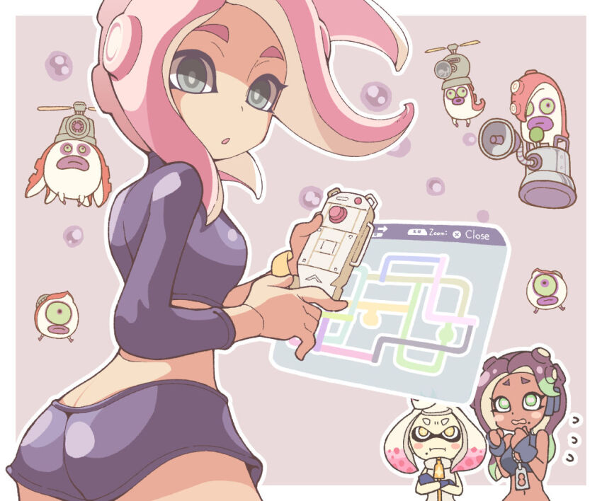 3girls, :o, agent_8_(splatoon), amatta_page, aqua_eyes, aqua_hair, ass, black_gloves