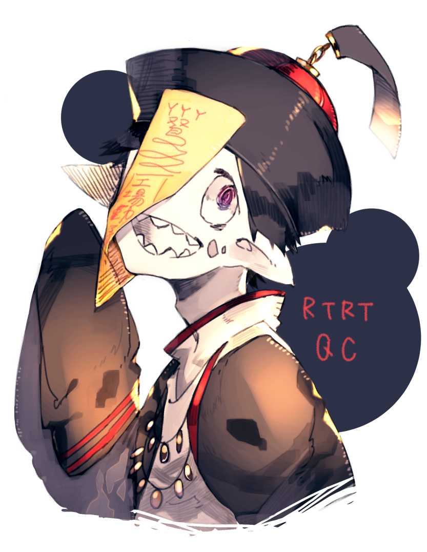1boy, black_hair, black_hat, black_jacket, hat, jacket, jiangshi, jiangshi_costume, long_sleeves, looking_at_viewer, mili_(band), ofuda, ofuda_on_head, open_mouth, pink_eyes, qc_(mili), qingdai_guanmao, red_sousaku, sharp_teeth, simple_background, sleeves_past_fingers, sleeves_past_wrists, smile, solo, teeth, white_background