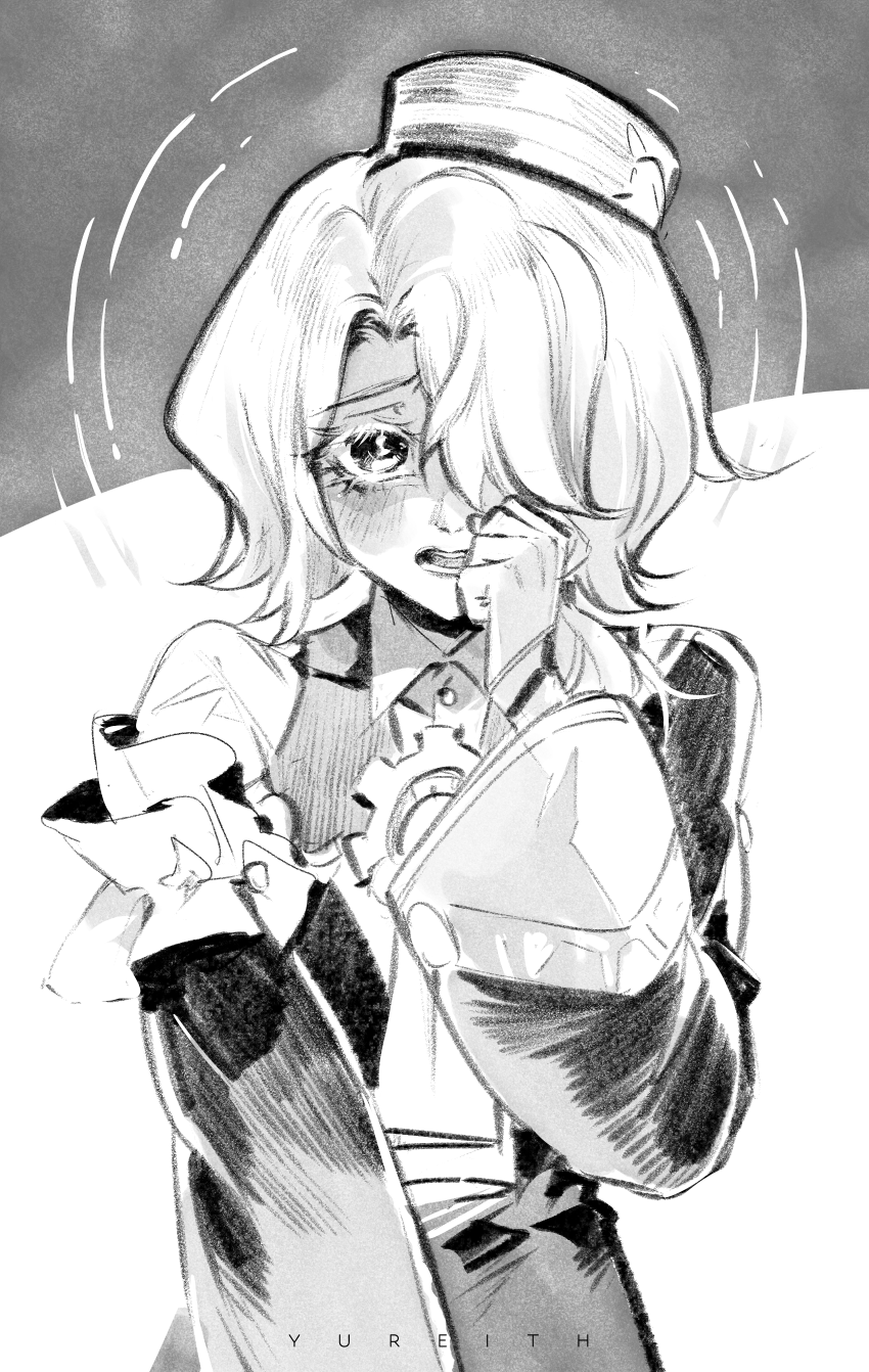 1boy, blue_hair, coat, colored_eyelashes, greyscale, hair_over_one_eye, hand_on_own_face, hat