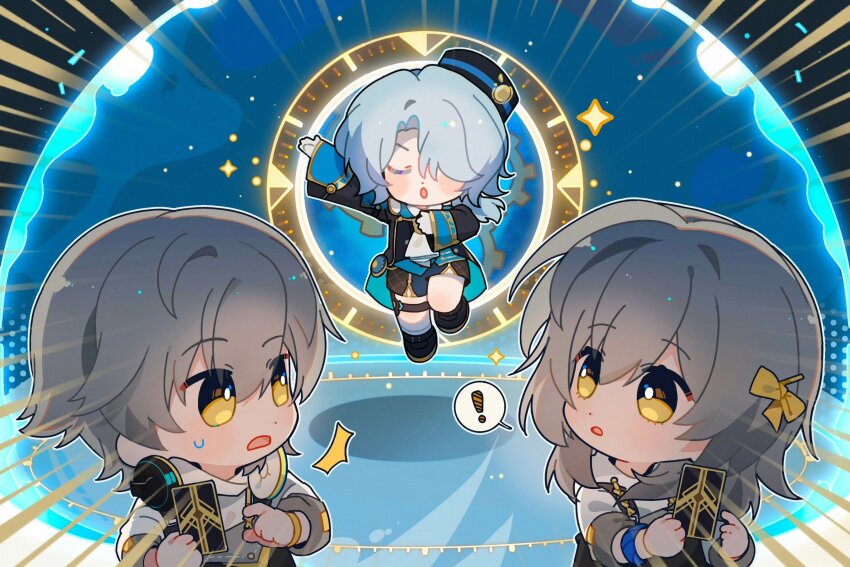 1girl, 2boys, absurdres, black_coat, black_footwear, blue_hair, bow, caelus_(honkai:_star_rail)