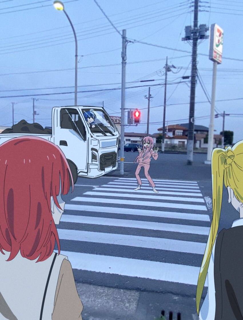 4girls, 818_seki, blonde_hair, blue_hair, bocchi_the_rock!, commentary, crosswalk, dancing