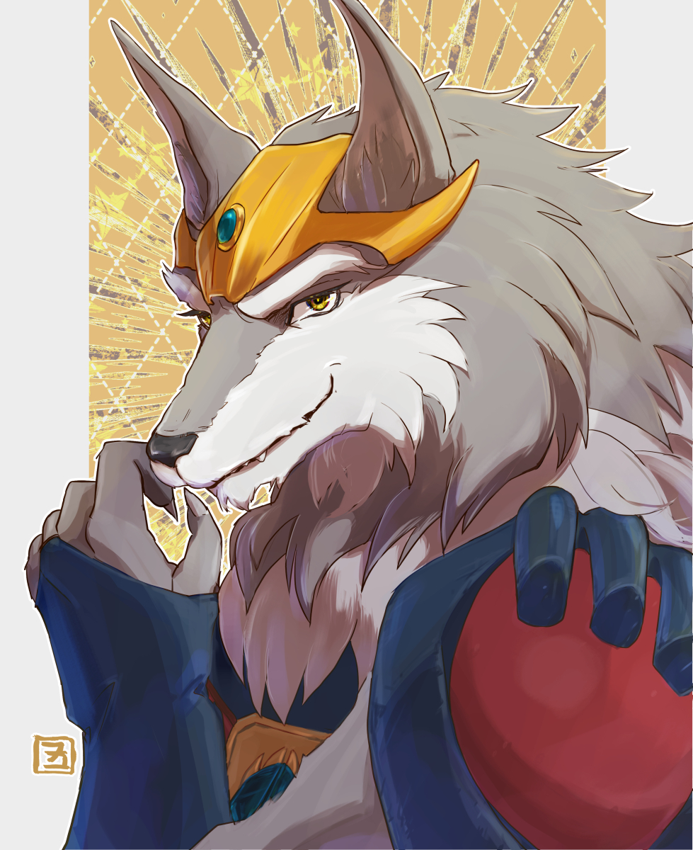 1boy, animal_ears, artist_logo, claws, commentary_request, fangs, fangs_out, furry, furry_male, greyfus, highres, juusenshi_gulkeeva, logo, looking_at_viewer, male_focus, okamoto_setsura, smile, star_(symbol), upper_body, wolf_boy, wolf_ears, yellow_eyes