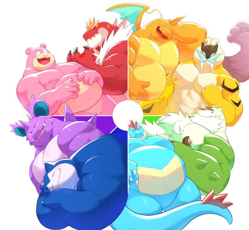 6+boys, abs, bara, belly, blush, chesnaught, claws, clenched_hand
