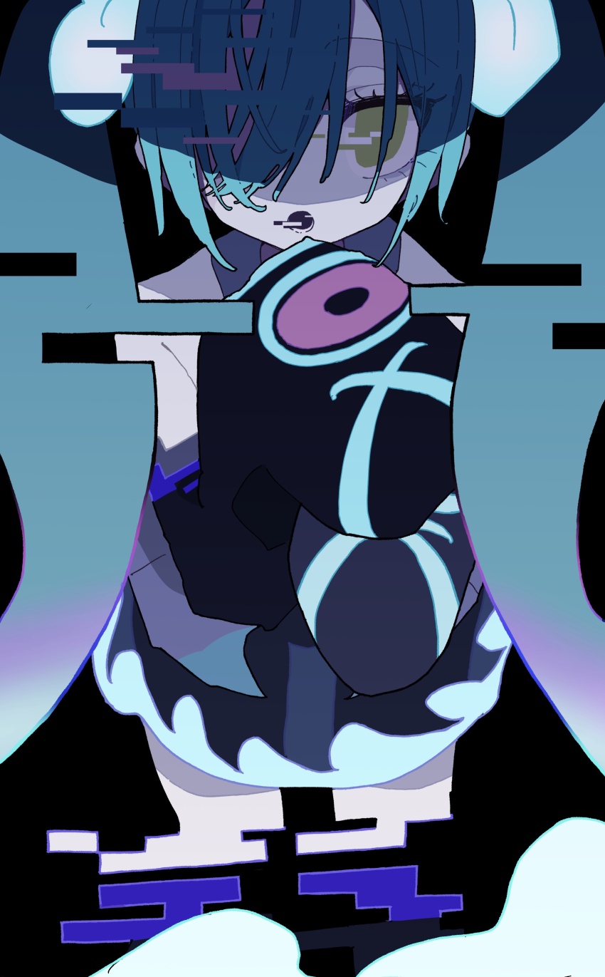 1girl, absurdres, bare_shoulders, black_background, black_skirt, black_sleeves, blue_hair, commentary_request