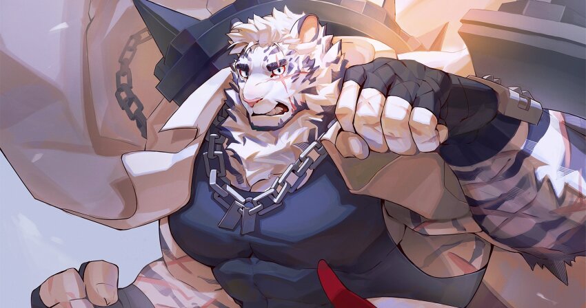 1boy, abs, animal_ears, arknights, augoose_cong, bandaged_hand, bandages, bara