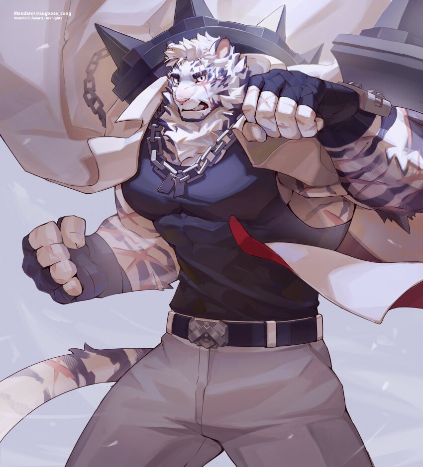 1boy, abs, absurdres, animal_ears, arknights, artist_name, augoose_cong, bandaged_hand, bandages, bara, belt, black_bandages, black_belt, black_shirt, blue_eyes, chain, chain_necklace, character_name, claws, clenched_hands, clenched_teeth, commentary, copyright_name, cross_scar, english_commentary, facial_scar, furry, furry_male, highres, jewelry, looking_at_viewer, male_focus, mountain_(arknights), necklace, pants, pectorals, punching, scar, scar_across_eye, scar_on_arm, scar_on_cheek, scar_on_face, scar_on_hand, scar_on_nose, scar_on_tail, shirt, sleeveless, tail, teeth, tiger_boy, tiger_ears, tiger_stripes, tiger_tail, white_pants