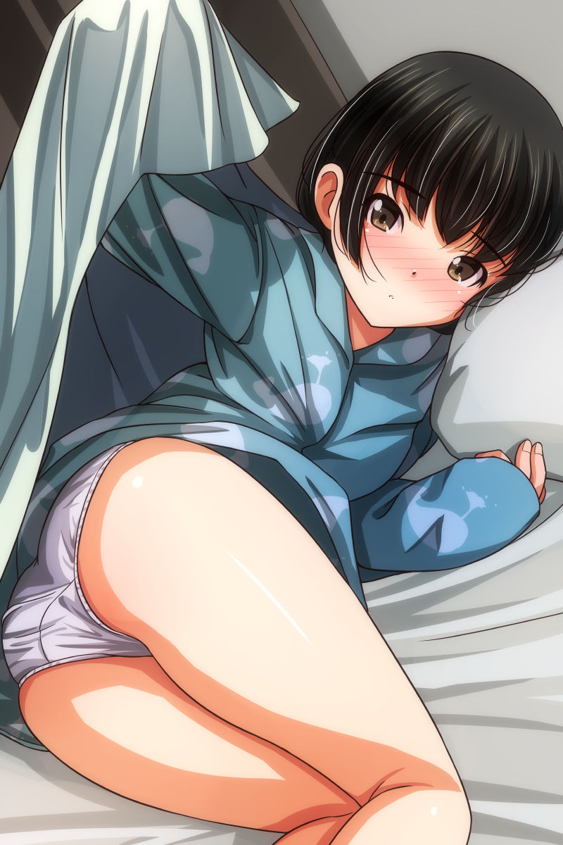 1girl, animal_print, ass, bed, black_hair, blanket, blue_shirt, blush