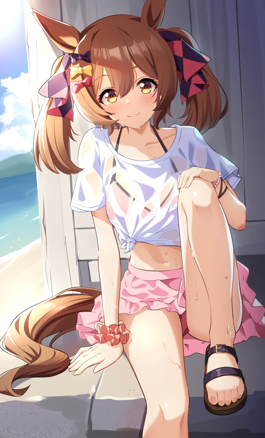 1girl, absurdres, alternate_costume, animal_ears, beach, bikini, blue_sky, blush