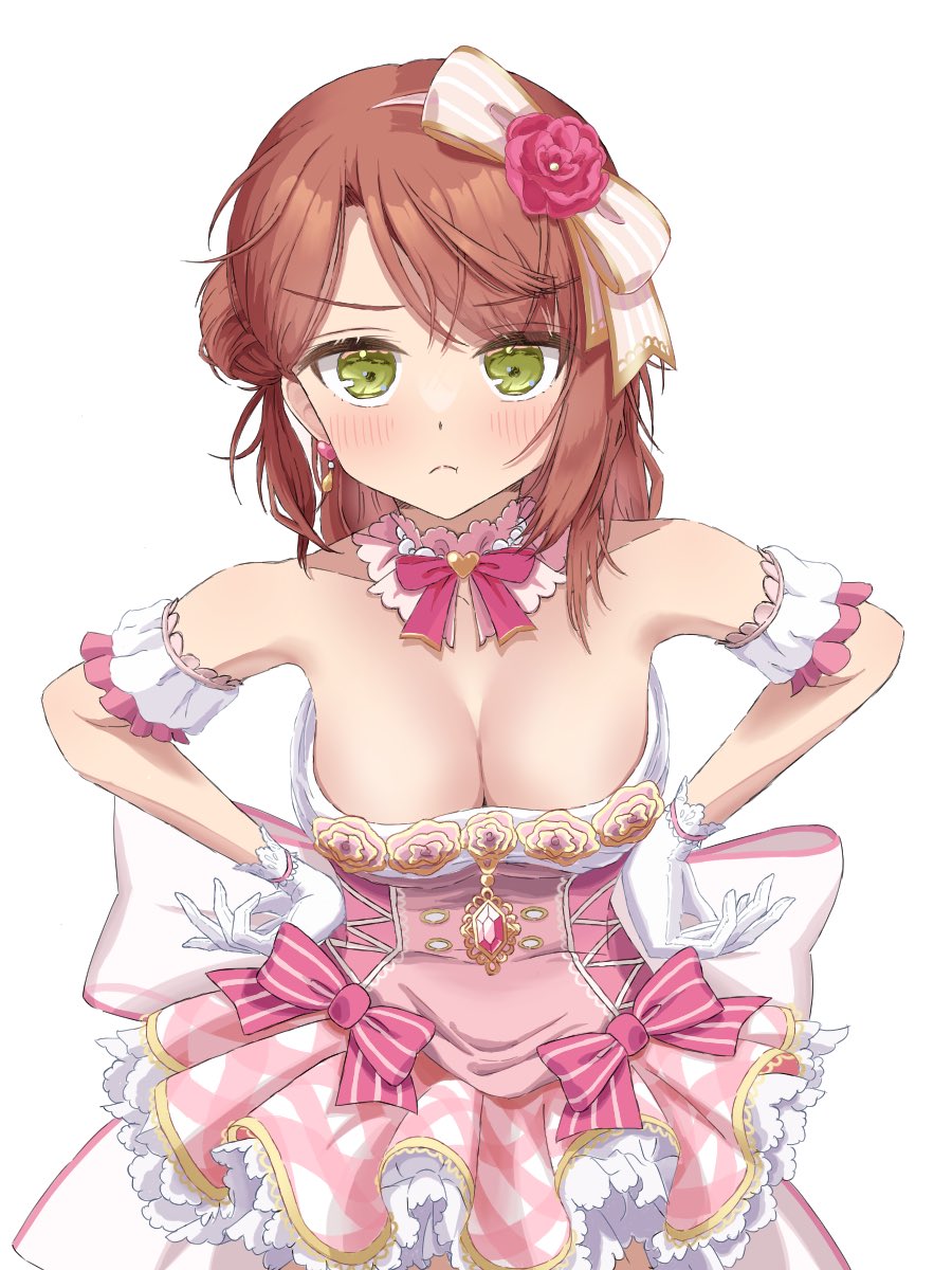 1girl, angry, black_gloves, blush, bow, breasts, cleavage, collar