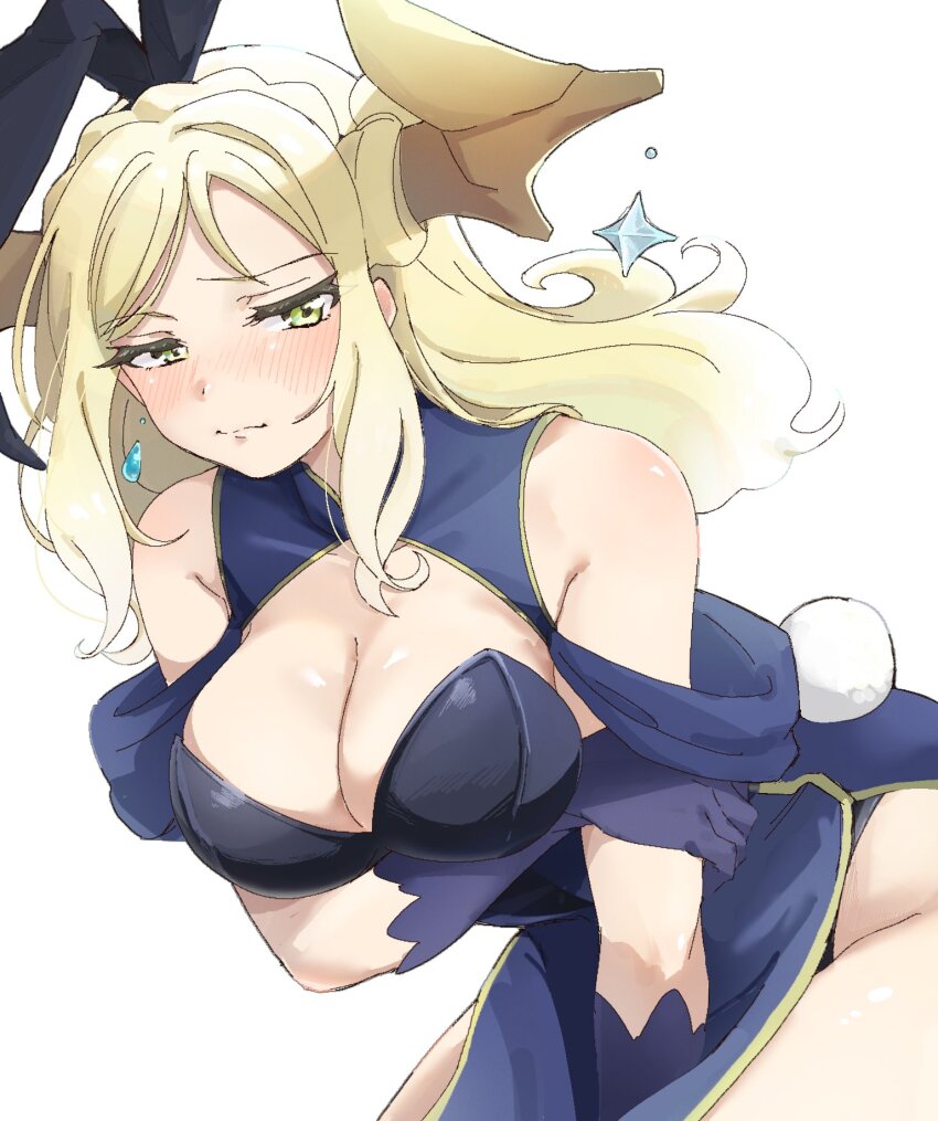1girl, akira_hjk, animal_ears, blonde_hair, blush, braid, breasts, cleavage, cleavage_cutout, clothing_cutout, crown_braid, demon_horns, earrings, embarrassed, fake_animal_ears, fake_tail, genjitsu_no_yohane, highres, hand_on_own_arm, horn_ornament, horns, jewelry, large_breasts, looking_down, love_live!, love_live!_sunshine!!, mari_(genjitsu_no_yohane), medium_hair, ohara_mari, playboy_bunny, rabbit_ears, rabbit_tail, solo, tail, white_background, yellow_eyes