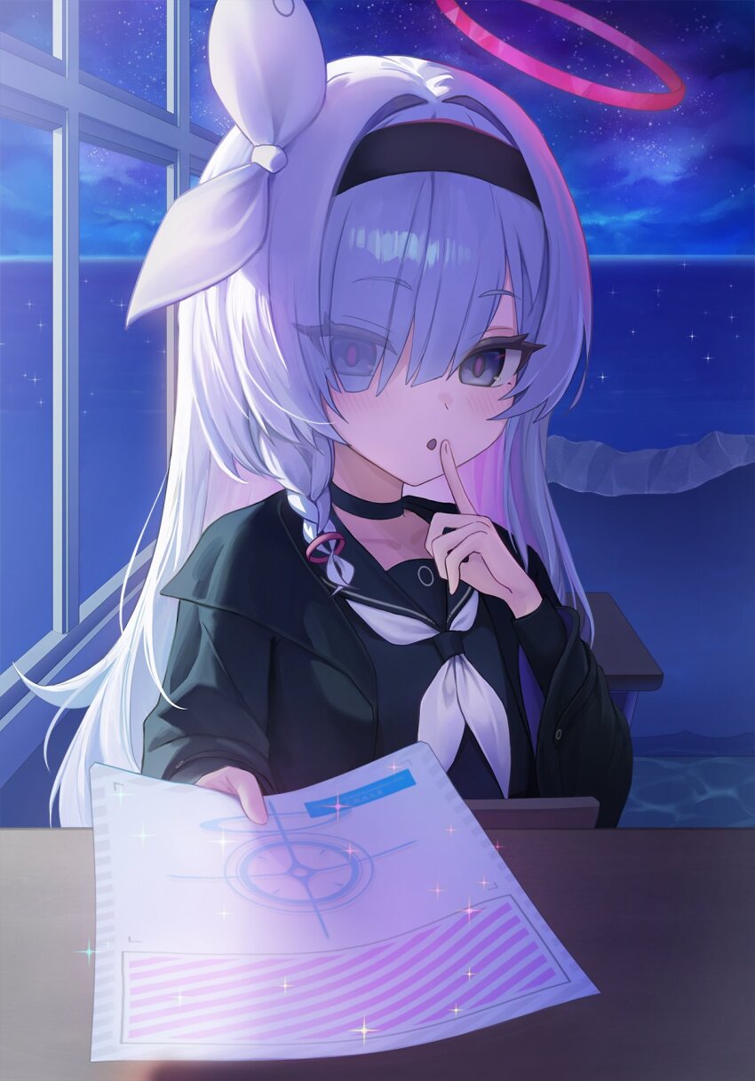 :o, black_choker, black_headband, black_uniform, blue_archive, bow, braid, choker