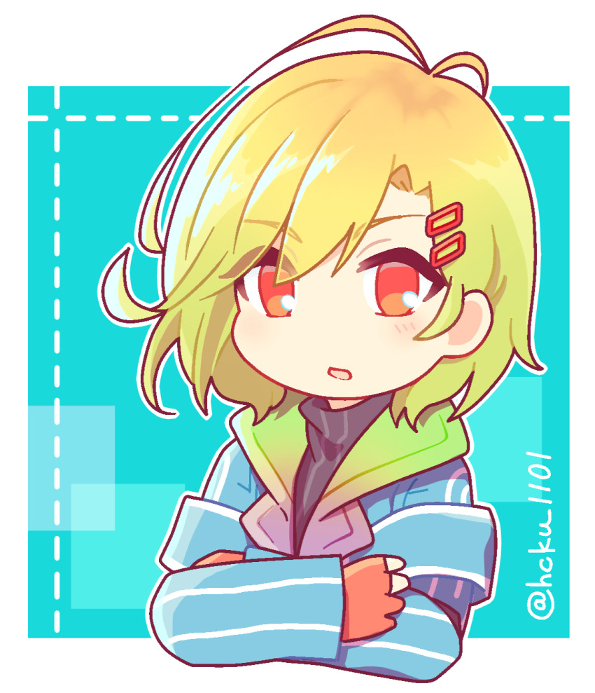 1other, antenna_hair, aqua_coat, blonde_hair, coat, fingerless_gloves, gloves, gnosia, hair_between_eyes, hair_ornament, hairclip, highres, kurona_(nakoruch), looking_at_viewer, medium_hair, other_focus, red_eyes, setsu_(gnosia), short_hair, simple_background, solo, turtleneck