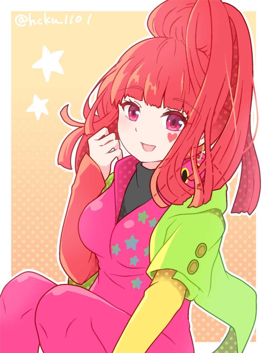 1girl, blunt_bangs, earrings, gnosia, heart, heart_earrings, heart_tattoo, high_ponytail