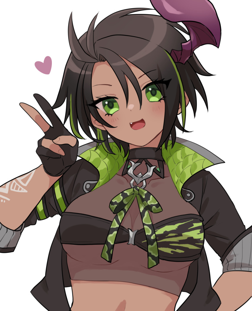 1girl, aragami_oga, black_choker, black_hair, blush, breasts, choker, cleavage, collarbone, commentary_request, cropped_jacket, dark-skinned_female, dark_skin, eyelashes, fang, genderswap, genderswap_(mtf), gloves, green_eyes, green_hair, heart, high_collar, highres, holostars, horns, looking_at_viewer, medium_breasts, mioto_(tsubsq_m), multicolored_hair, open_mouth, partially_fingerless_gloves, see-through_clothes, see-through_cleavage, see-through_shirt, short_hair, single_horn, solo, streaked_hair, underboob, upper_body, v, virtual_youtuber, white_background