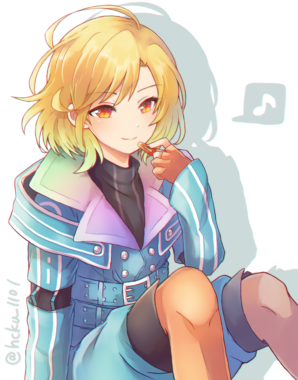 1other, antenna_hair, aqua_coat, blonde_hair, coat, fingerless_gloves, gloves, gnosia