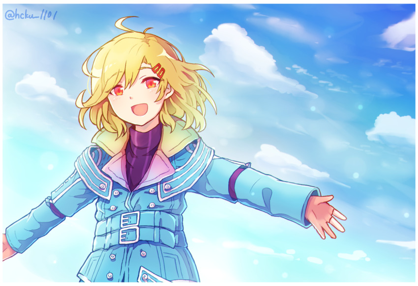 1other, antenna_hair, aqua_coat, blonde_hair, coat, fingerless_gloves, gloves, gnosia