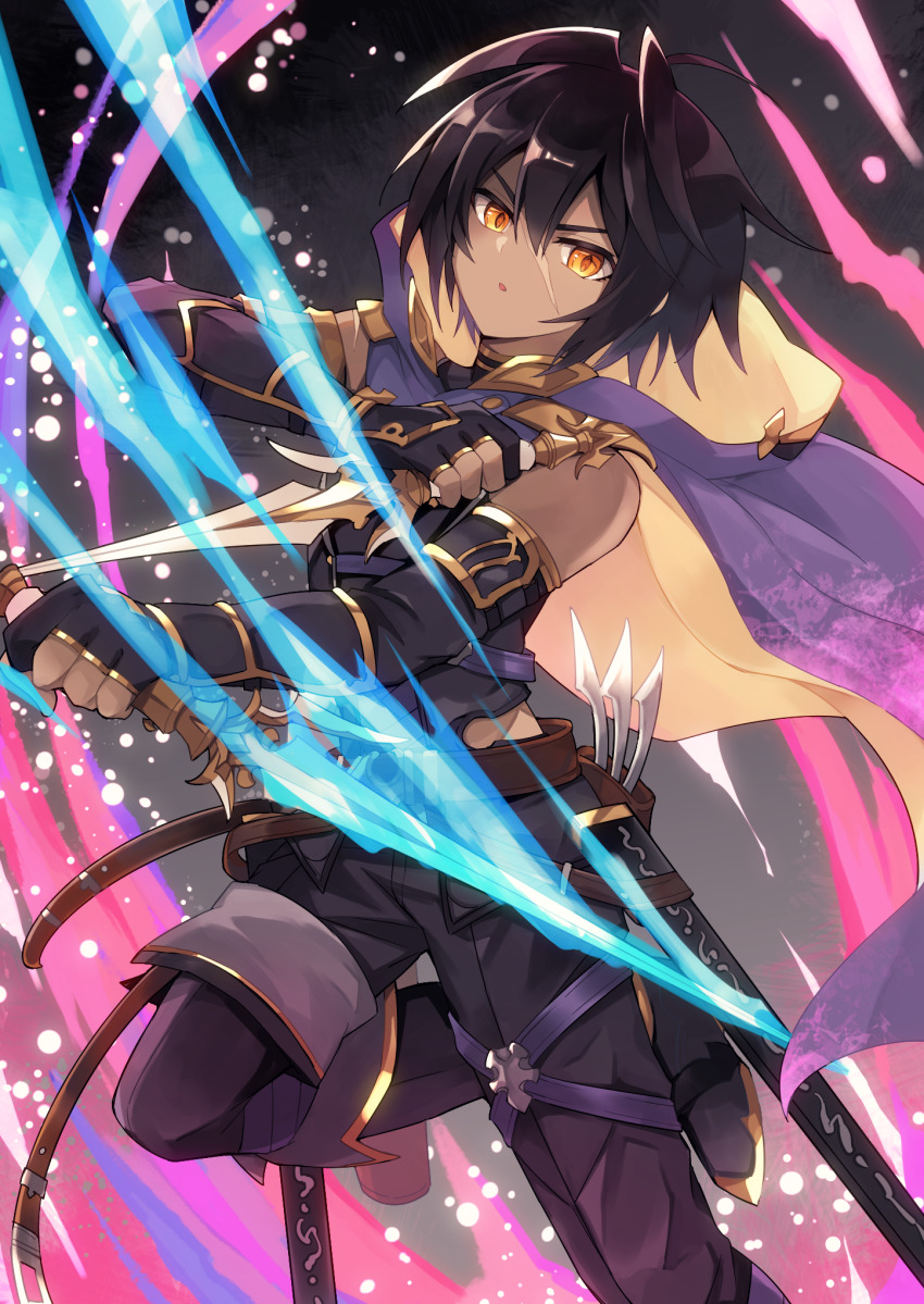 1boy, belt, black_gloves, black_hair, cloak, commentary_request, dark-skinned_male, dark_skin
