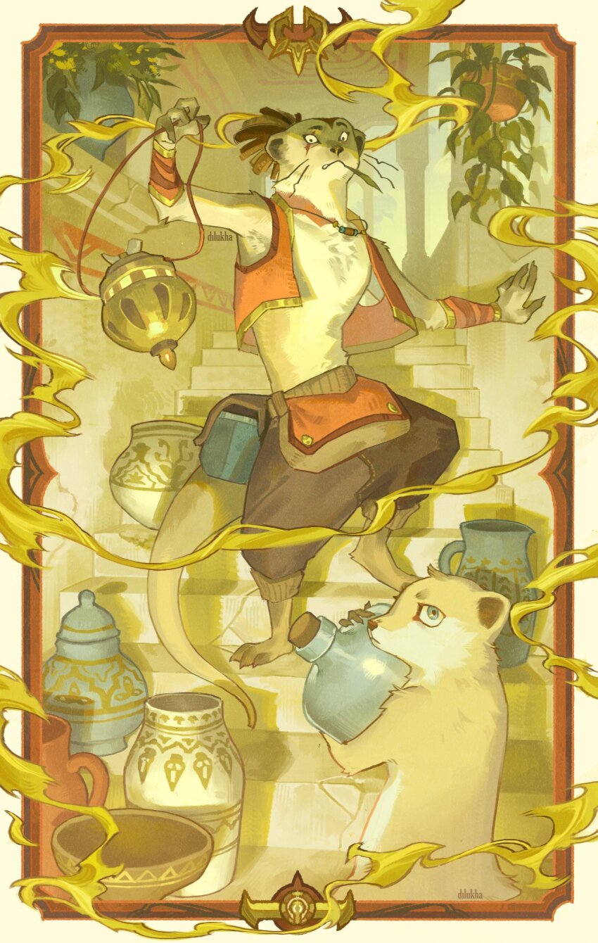 2boys, afk_(series), afk_journey, artist_name, bottle, claws, colored_smoke, commentary