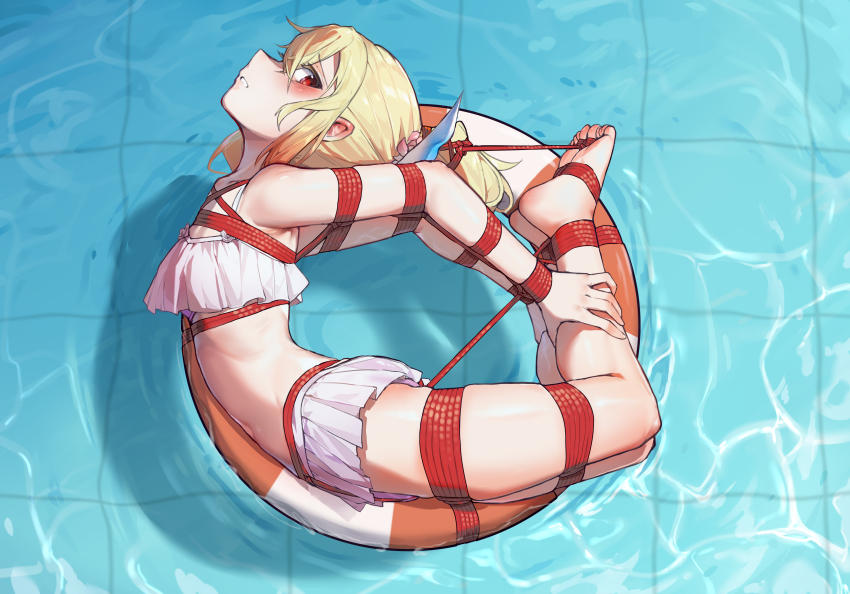 1girl, absurdres, afloat, arched_back, bdsm, bikini, bikini_skirt, blonde_hair, bondage, bound, bound_arms, bound_legs, fuyou_lilienthal_yuuna, highres, innertube, parted_lips, ponytail, red_eyes, restrained, shibari, solo, swim_ring, swimsuit, white_bikini, xiongmao, yuuki_yuuna_wa_yuusha_de_aru, yuusha_de_aru