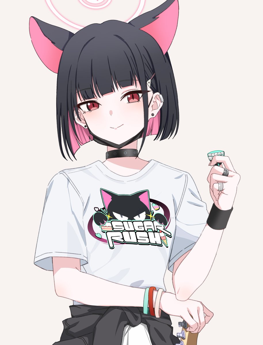 1girl, animal_ears, bass_guitar, black_choker, black_eyeliner, black_hair, black_jacket, black_mask