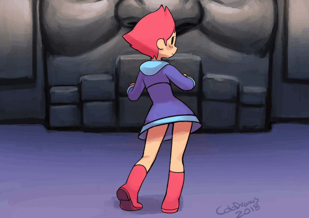 1girl, animated, animated_gif, artist_name, boots, colo_(nagrolaz), dot_eyes, dress, from_behind, kumatora, looking_at_viewer, mother_(series), mother_3, nintendo, pink_hair, short_hair