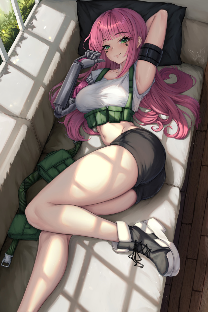 1girl, absurdres, ass, bare_shoulders, blush, breasts, cyborg, green_eyes, grey_shoes, highres, large_breasts, long_hair, looking_at_viewer, lying, mechanical_arms, on_back, original, pink_hair, reiju_niboshi, sainty, shoes, short_shorts, shorts, smile, solo, star_(symbol), star_tattoo, tattoo, thick_thighs, thighs