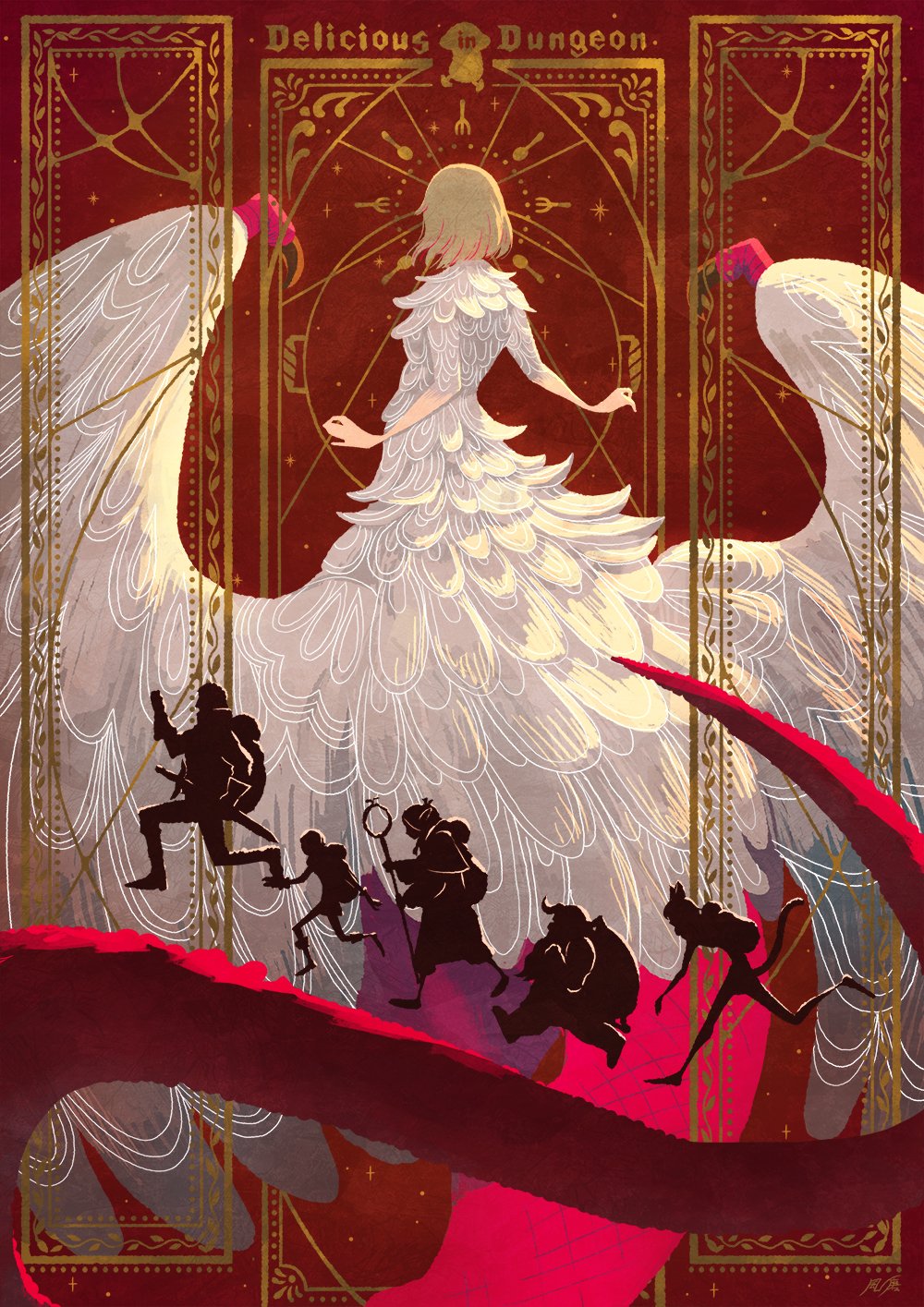 3boys, 3girls, animal_ears, blonde_hair, cat_ears, cat_tail, chilchuck_tims, commentary, copyright_name, dragon_tail, dungeon_meshi, elf, facing_away, fake_horns, falin_touden, falin_touden_(chimera), feathered_wings, feathers, helmet, highres, holding, holding_staff, horned_helmet, horns, izutsumi, laios_touden, oversized_wings, mage_staff, marcille_donato, multiple_boys, multiple_girls, namiki_kazama, pointy_ears, running, senshi_(dungeon_meshi), sheath, sheathed, short_hair, spoilers, staff, sword, tail, weapon, white_feathers, white_wings, wings