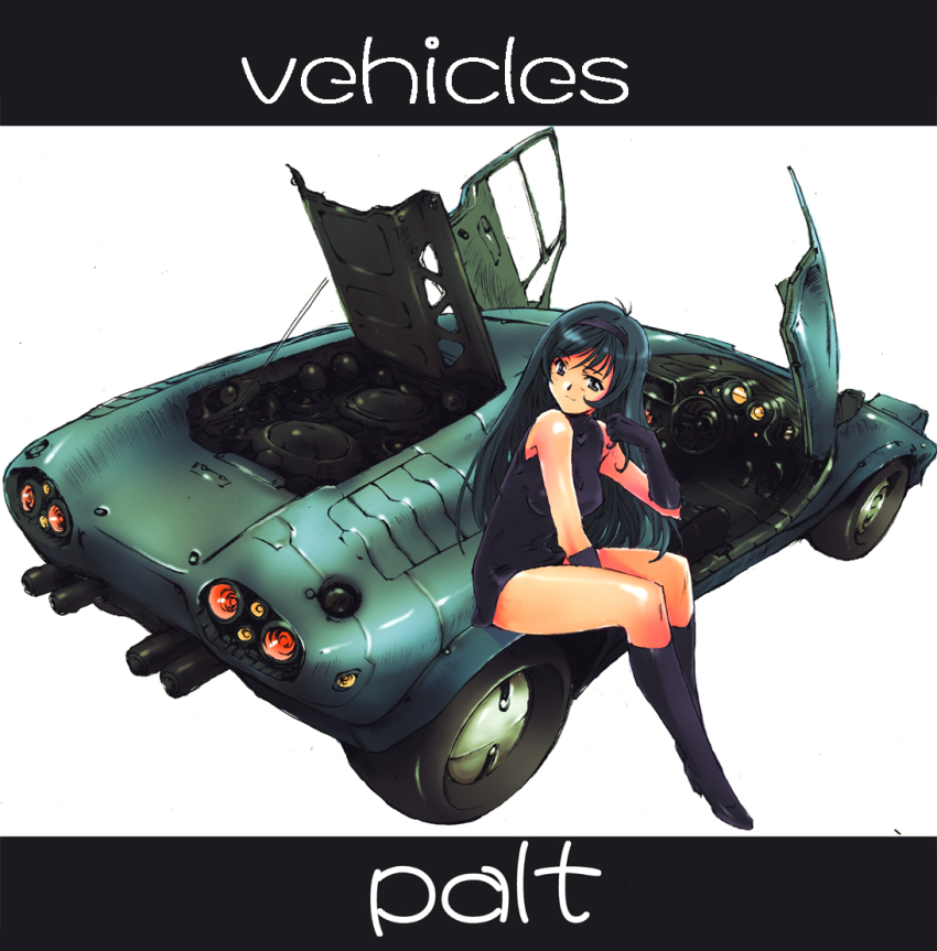 1girl, boots, car, dress, elbow_gloves, female_focus, gloves, headband