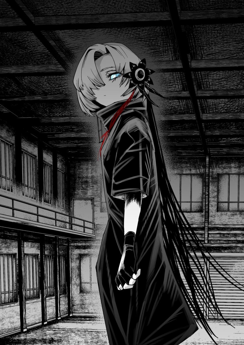 1girl, arms_at_sides, barred_window, blue_eyes, catwalk_(walkway), closed_mouth, dot_mouth, expressionless