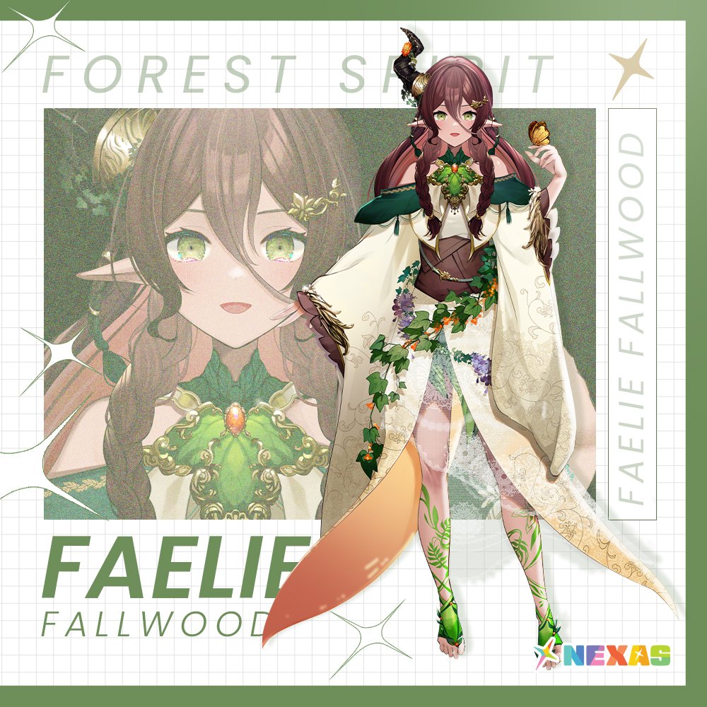 1girl, :d, bare_shoulders, brown_corset, brown_hair, bug, butterfly, butterfly_on_hand, character_name, commentary, corset, dark-skinned_female, dark_skin, dot_nose, dress, english_commentary, english_text, faelie_fallwood, flower, full_body, green_eyes, grid, hair_between_eyes, hair_ornament, horn_flower, horns, insect, lace, layered_dress, leaf, leg_tattoo, logo, long_dress, long_sleeves, looking_at_viewer, nexas_(vtuber), nihakusanren, official_art, open_mouth, pointy_ears, single_horn, sleeves_past_wrists, smile, standing, tattoo, tongue, virtual_youtuber, white_dress, wide_sleeves