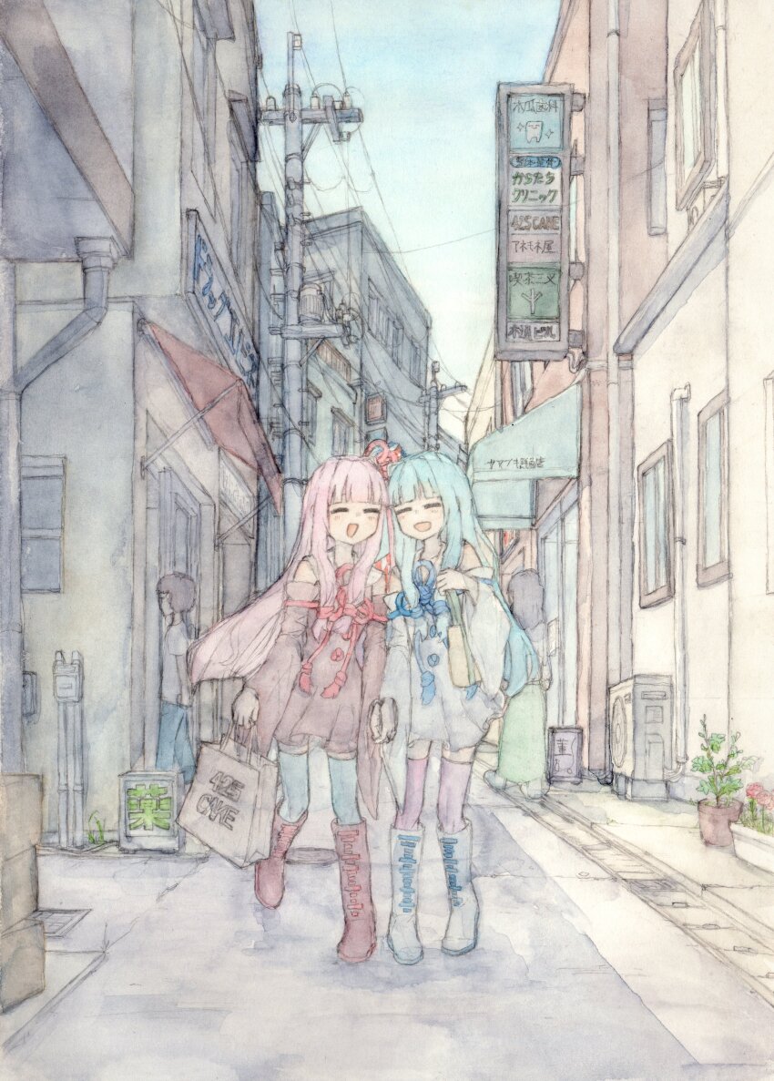 2girls, absurdres, bag, black_dress, black_footwear, black_sleeves, blue_dress, blue_footwear