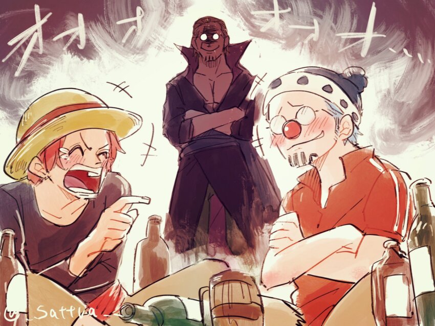 +++, 3boys, abunaideka, aged_down, beer_mug, blue_hair, blush, bottle