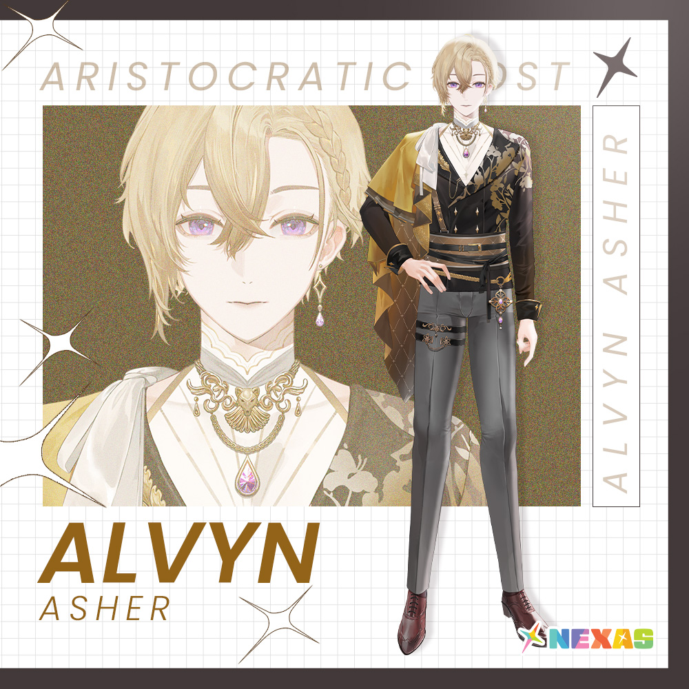 1boy, alvyn_asher, belt, black_belt, black_shirt, blonde_hair, braid, brown_footwear, character_name, closed_mouth, commentary, earrings, english_commentary, english_text, full_body, grey_pants, grid, hair_between_eyes, hand_on_own_hip, jewelry, logo, looking_at_viewer, male_focus, multiple_belts, necklace, nexas_(vtuber), official_art, pants, purple_eyes, shei99, shirt, single_earring, solo, standing, virtual_youtuber
