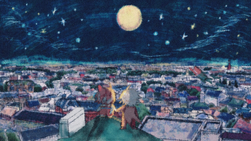 1boy, 1girl, ayazuki_mei, black_footwear, bow, brown_hair, charlie_(meiji_tokyo_renka), chibi, city, commentary_request, formal_clothes, from_behind, full_body, full_moon, hair_bow, hakama, hakama_pants, holding_hands, jacket, japanese_clothes, kimono, lighthouse, long_sleeves, meiji_tokyo_renka, messy_hair, moon, night, outdoors, pants, red_bow, red_hakama, red_jacket, red_pants, red_sleeves, red_suit, sandals, shoes, short_hair, short_kimono, sky, socks, star_(sky), starry_sky, sugi_haeru, suit, white_hair, white_socks, wide_sleeves, yellow_kimono, yellow_sandals, yellow_sleeves