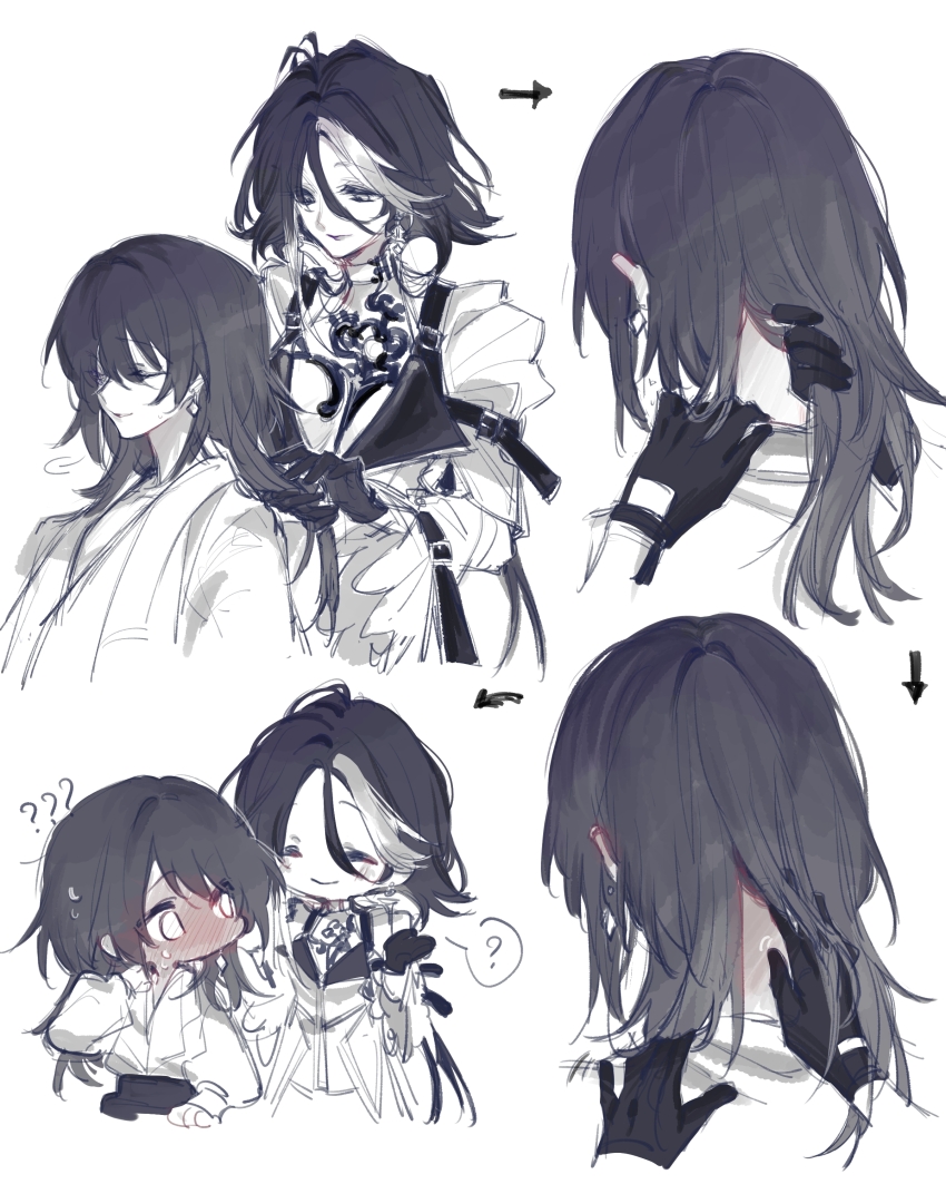 2girls, ?, ??, absurdres, adela_(path_to_nowhere), arrow_(symbol), blush, breasts, chief_(path_to_nowhere), choker, cleavage, closed_eyes, commentary, earrings, english_commentary, female_chief_(path_to_nowhere), full-face_blush, gloves, greyscale, hand_in_another's_hair, hand_on_another's_neck, hand_on_another's_shoulder, highres, jacket, jewelry, long_hair, looking_at_another, medium_breasts, monochrome, multicolored_hair, multiple_girls, nervous_sweating, parted_lips, path_to_nowhere, sashimi_kimochi, smile, spoken_question_mark, streaked_hair, sweat, yuri