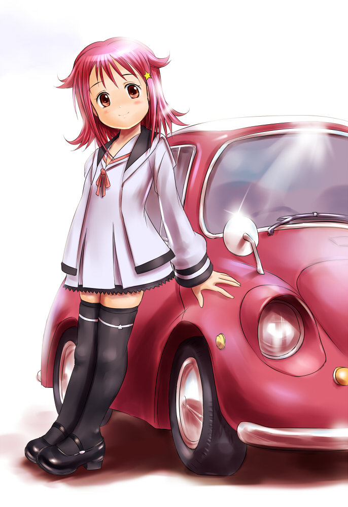 1girl, car, female_focus, houkago_no_pleiades, mary_janes, moriichi, motor_vehicle, name_connection