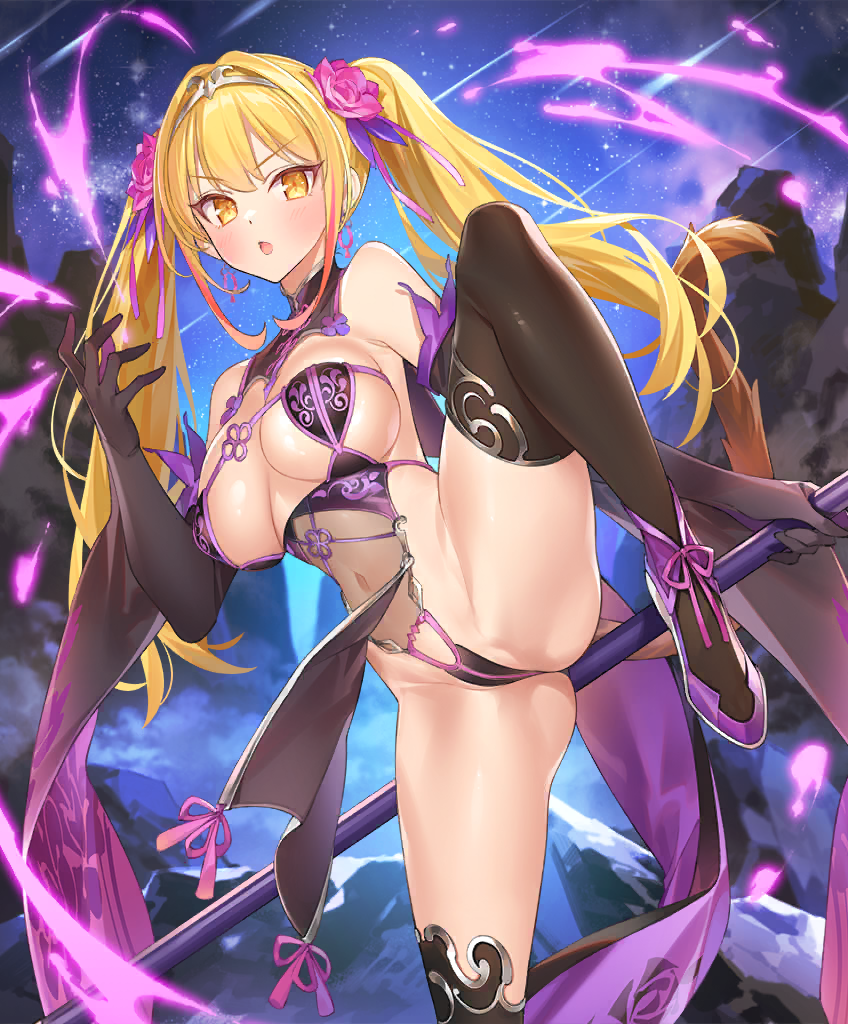 1girl, :o, ankle_ribbon, armpit_crease, black_gloves, black_thighhighs, blonde_hair, blush, bo_staff, breasts, china_dress, chinese_clothes, circlet, cloud, covered_navel, dress, earrings, elbow_gloves, energy, evertale, floating_earrings, flower, gloves, gradient_hair, groin, groin_tendon, hair_flower, hair_intakes, hair_ornament, hair_ribbon, holding, holding_staff, jewelry, journey_to_the_west, large_breasts, leg_ribbon, loincloth, long_hair, looking_at_viewer, meteor_shower, monkey_girl, monkey_tail, mountain, multicolored_hair, navel, night, open_clothes, open_mouth, outdoors, panties, partially_visible_vulva, pelvic_curtain, pink_flower, pink_ribbon, popqn, purple_footwear, purple_leaves, revealing_clothes, ribbon, ruyi_jingu_bang, see-through_clothes, see-through_midriff, shooting_star, silver_circlet, sky, snow, solo, staff, standing, standing_on_one_leg, star_(sky), starry_sky, stomach, sun_wukong, sun_wukong_(evertale), tail, thighhighs, twintails, two-tone_hair, underwear, v-shaped_eyebrows, wide_sleeves, yellow_eyes