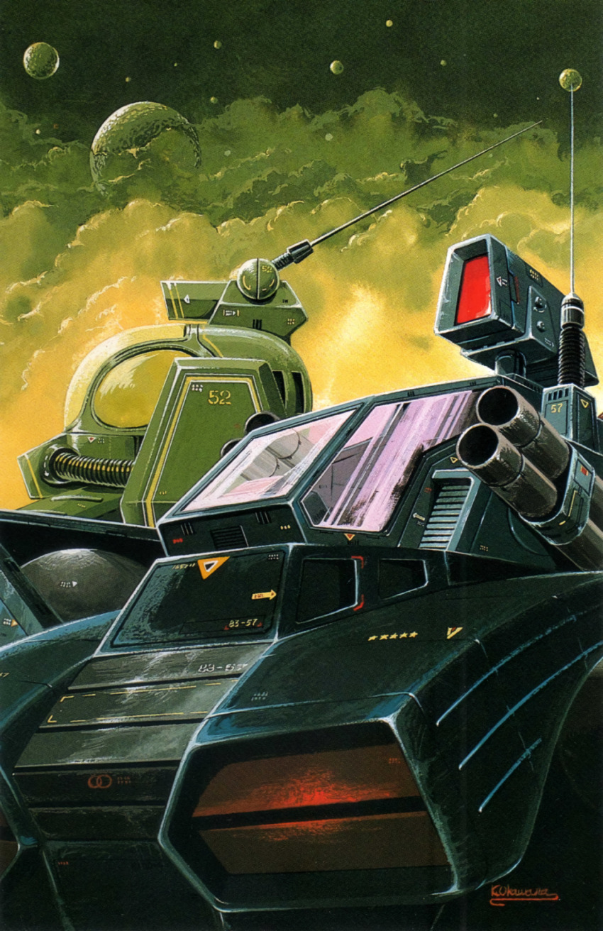 1980s_(style), alien, canopy_(aircraft), cloud, cockpit, commentary, damaged, dirty, dougram, english_commentary, grenade_launcher, highres, magazine_scan, mecha, no_humans, official_art, oldschool, ookawara_kunio, painting_(medium), planet, promotional_art, radio_antenna, retro_artstyle, robot, scan, soltic_h8_roundfacer, taiyou_no_kiba_dougram, the_anime_(magazine), traditional_media, weapon, window