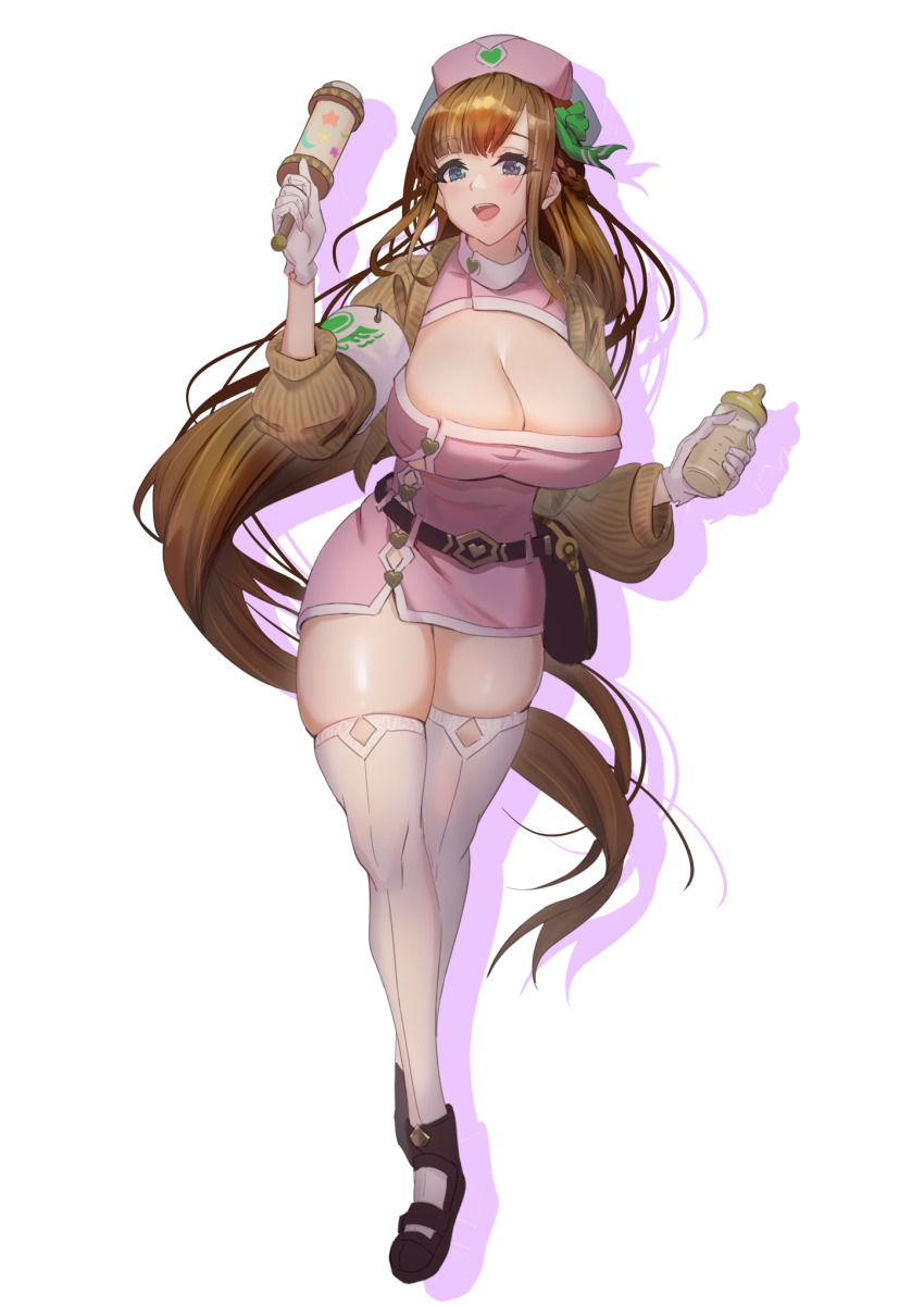 1girl, armband, baby_bottle, bag, belt, black_footwear, blue_eyes, blush