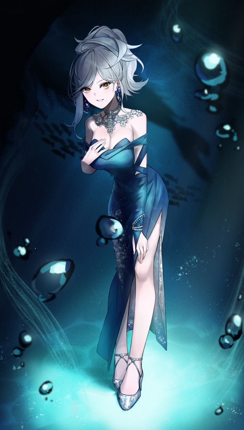 1girl, absurdres, air_bubble, bare_legs, bare_shoulders, black_bridal_gauntlets, blue_background, blue_dress